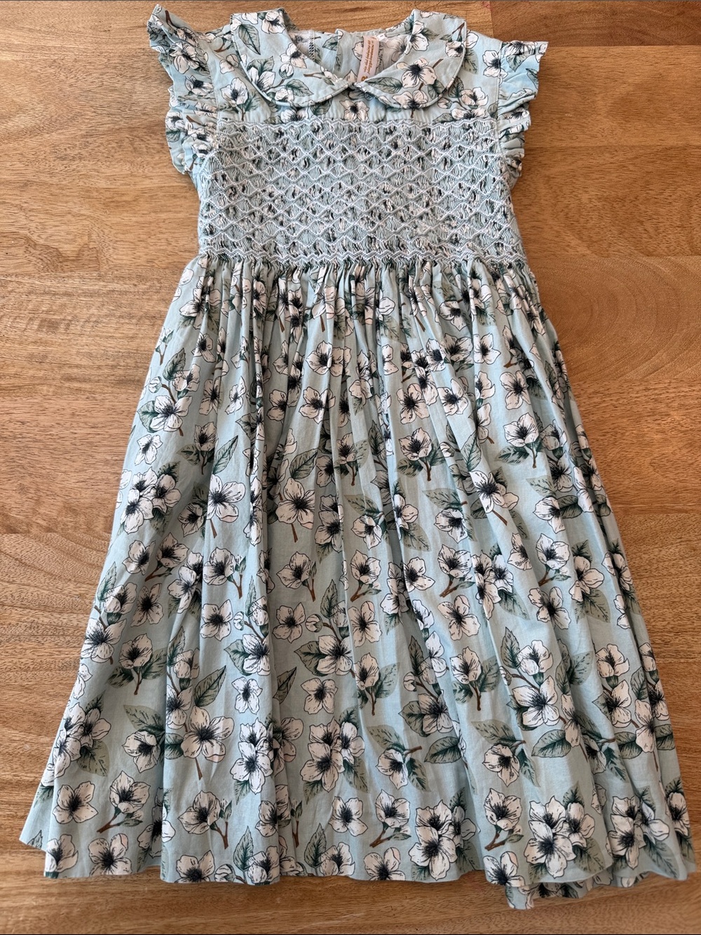 Light Blue Floral Smocked Ruffle-Collar Dress